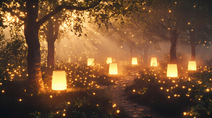 Wall Mural - Whimsical enchanted forest glade with soft light and glowing lanterns. Enchanted Glade. Illustration