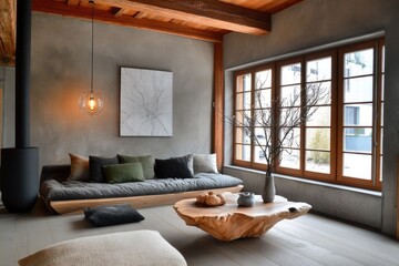 Poster - A comfortable living room with modern furniture and a large window for natural light, suitable for interior design or lifestyle photoshoots