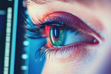 Poster - Close-up shot of a person's eye with a computer screen in the background, suitable for illustrations about technology and human interaction