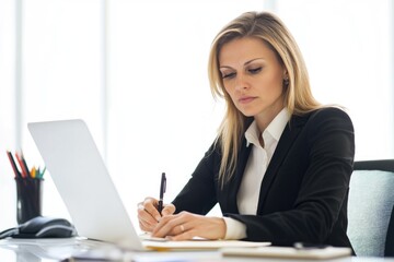 Poster - A woman sits at a desk typing away on her laptop