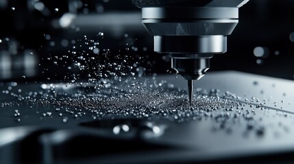 Aufkleber - Close up of a cnc milling machine engraving a metal workpiece, with coolant splashing and metal shavings flying around, creating a dynamic and precise industrial scene