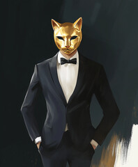 Wall Mural - a male actor in a suit with golden mask. cat character	