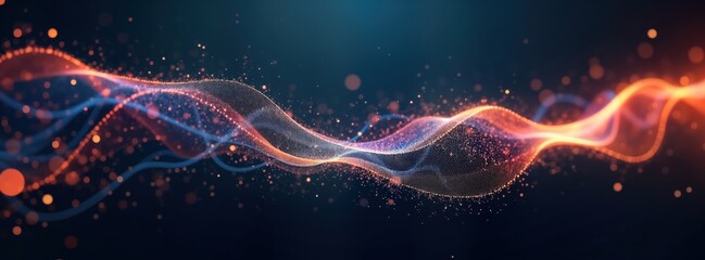 Poster - Abstract digital wave pattern flows smoothly on dark backdrop. Colorful glowing particles create dynamic motion effect. Intricate connections, lines weave through design. Ideal for tech backgrounds