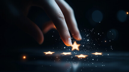 Poster - Hand Touching Glowing Star with Sparkles on a Futuristic Dark Background