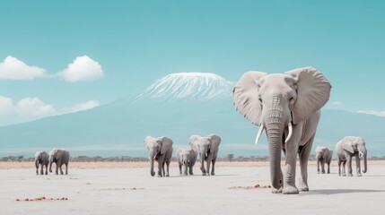 african elephant herd: an impressive herd of african elephants, led by a magnificent bull, marches a
