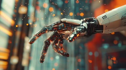 Poster - Robotic hand extends its metallic fingers against the backdrop of a vibrant, futuristic cityscape, sparks flying around it, suggesting advanced technology and innovation