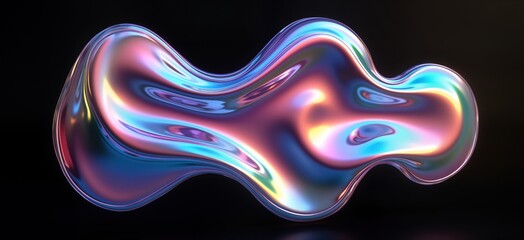 Poster - Holographic liquid blob shape on black background. Iridescent wavy substance. Colorful liquid shape. Abstract design. Futuristic aesthetic. Modern graphic design. Liquid object. Creative art piece.