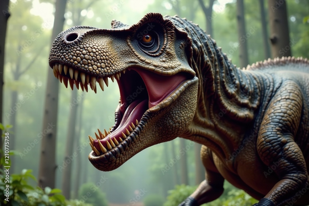 A T Rex roaring with its mouth wide open and teeth exposed, aggressive ...