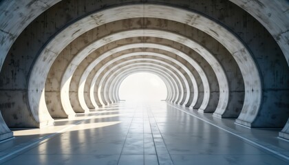 Aufkleber - Empty reinforced concrete tunnel structure features arched side openings. Modern design with clean interior. Light streams through tunnel. Structure evokes sense of spaciousness, urban innovation.