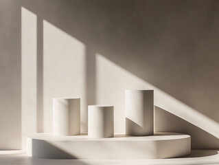 Poster - Minimalist Cylindrical Pedestals in Soft Sunlight for Mockup or Display Scene
