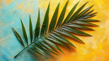 Wall Mural - Palm frond on colorful painted backdrop