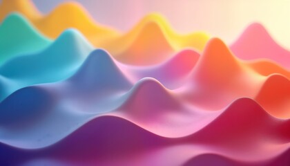 Poster - Abstract 3D render shows vibrant rainbow waves. Fluid curves, soft gradients create dynamic, colorful effect. Smooth transitions between colours evoke sense of motion, flow. Digital illustration