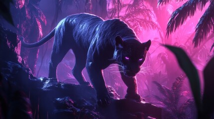 Wall Mural - a black panther walking through a jungle