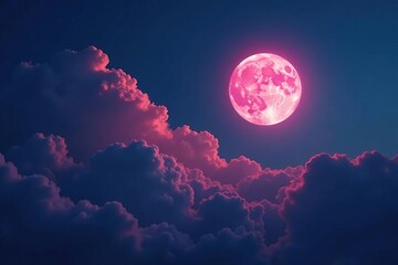 dark stormy clouds gather above a bright pink moon in cumulus clouds, atmosphere, pink moon