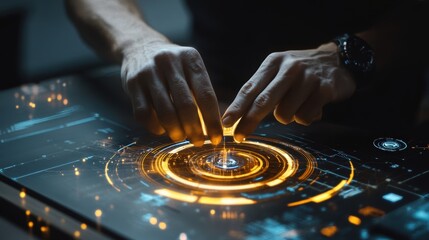 Poster - close up of hands interacting with glowing holographic interface, showcasing innovative technology i