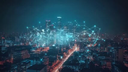 Poster - Futuristic cityscape with digital network connections above illuminated urban skyline at night