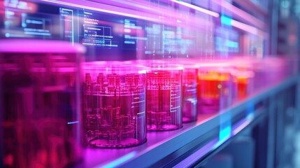 Poster - beakers filled with vibrant liquids process in a modern lab, featuring a futuristic interface that d