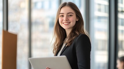 Canvas Print - Smiling Businesswoman in Modern Office Setting with Laptop