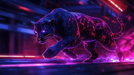 Wall Mural - a panther is running through a neon tunnel