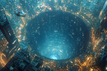 Fototapete - vibrant neon lit chasm glows in center of futuristic city.
