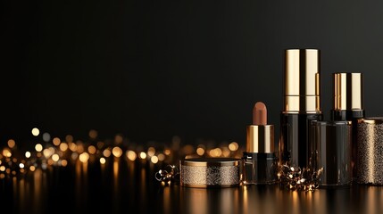 Poster - Artistic arrangement of cosmetic products with shiny gold accents on a black background.