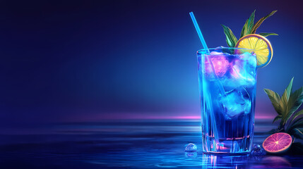 Wall Mural - Blue lagoon cocktail with a glowing neon hue, on a bright electric blue background, vibrant and electrifying. Glowing Lagoon. Illustration