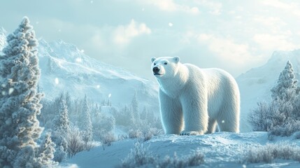 realistic polar bear standing in snow, cold arctic landscape, fluffy white fur, majestic and peacefu