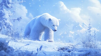 realistic polar bear standing in snow, cold arctic landscape, fluffy white fur, majestic and peacefu