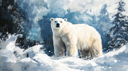 realistic polar bear standing in snow, cold arctic landscape, fluffy white fur, majestic and peacefu