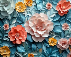 Poster - 3D paper flowers, floral design, pastel colors, teal leaves.
