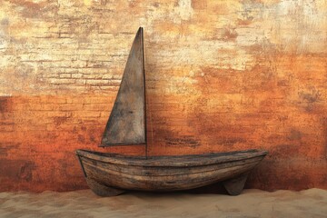 Poster - A weathered wooden sailboat rests on a sandy beach against a rustic, orange textured wall.