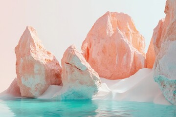 Pastel-colored rocks emerge from turquoise water, creating a serene, minimalist landscape.