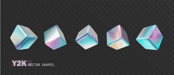 Poster - Holographic cubes set with iridescent chrome effect. Y2k metallic shape realistic collection.