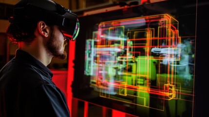 Poster - Engineer wearing a vr headset interacting with a large interactive screen showcasing a complex 3d model of industrial machinery in a modern industrial environment