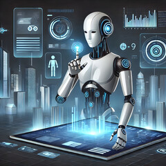 Poster - Humanoid robot interacting with a digital interface and managing datas of a futuristic city using artificial intelligence