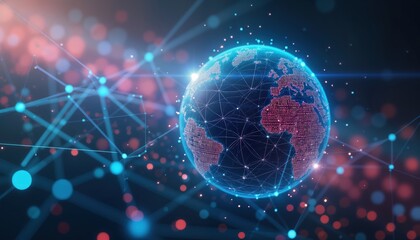 Poster - Global network illustration shows interconnected earth. Future tech innovation concept. World map displays worldwide communication. International business connections. Digital transfer of