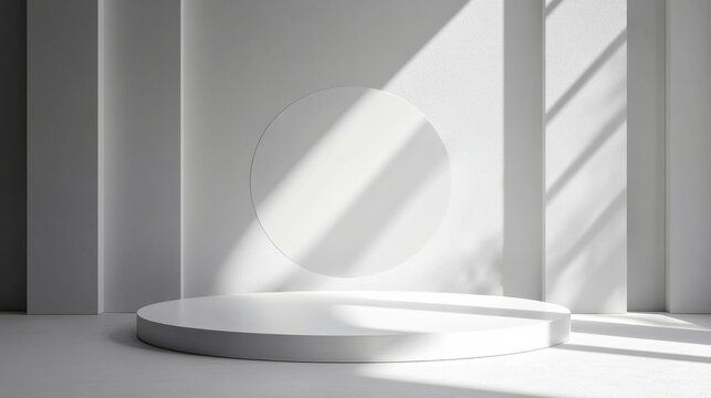 Geometric 3D white round podium set with light and shadow contrast, creating an abstract minimalist product display backdrop