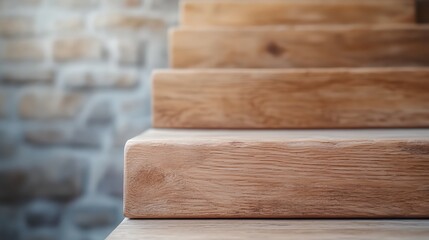 Poster - Wooden staircase with a stone wall in the background