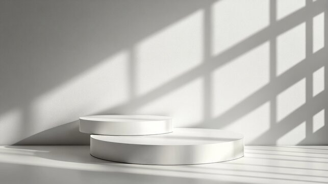 Geometric 3D white round podium set with light and shadow contrast, creating an abstract minimalist product display backdrop 