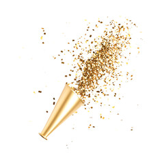 Golden Confetti Exploding from Party Popper Colorful Background
