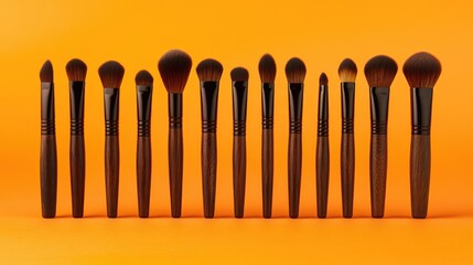 Poster - Professional contour brushes with wooden handles on a gradient orange background.