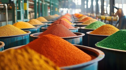 Poster - Rows of colorful spices being packaged in an industrial plant.