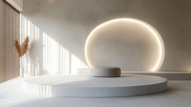 Geometric 3D round podium set in white, with ambient light and shadow creating a modern, minimalist display showroom 
