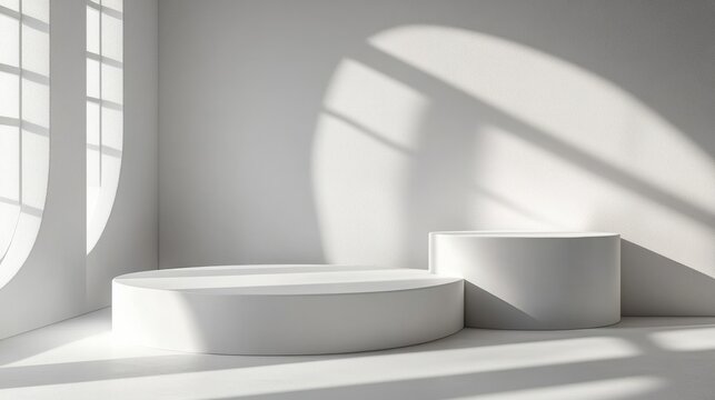 3D white round podium set with light and shadow, minimalist geometric composition, perfect for product display in a studio 