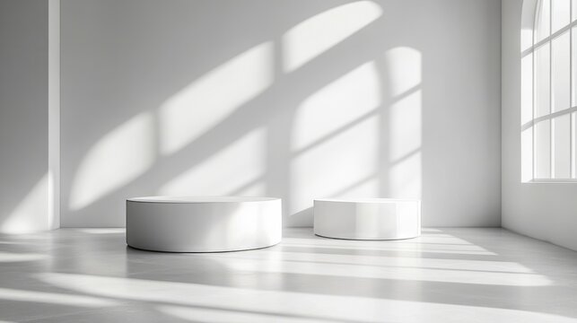 3D studio display with white round podiums, light and shadow creating depth in a minimalist geometric setting
