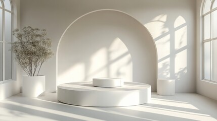Poster - 3D display of white round podiums with light and shadow interplay, minimalist geometric composition creating a refined backdrop for products
