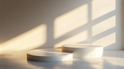 Poster - White round podiums illuminated by soft light and shadow, 3D minimalist geometric composition perfect for elegant product display 