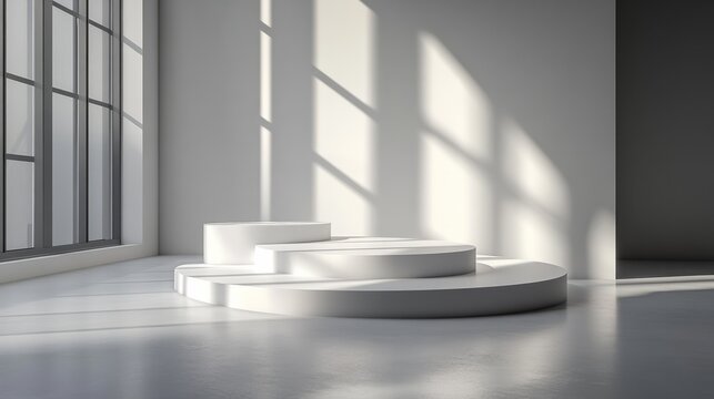 Elegant 3D round podium set in white, geometric minimalist design, light and shadow interplay perfect for product showcase
