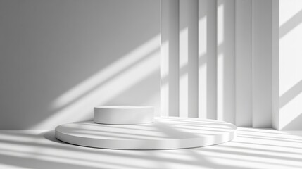 Fototapete - White round podiums in 3D, geometric minimalist design with intricate light and shadow patterns for a stylish product showcase