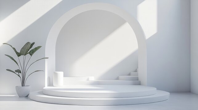 White round podium set in a minimalist 3D design, geometric composition with light and shadow for a sophisticated showroom background 